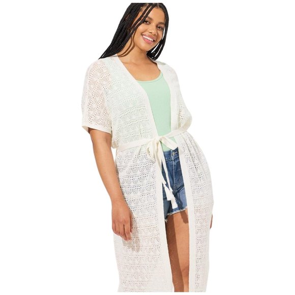 41] TORRID 3X/4X Crochet Sweater Duster w/ Tie NEW 36-46pit 51L cotton/acrylic - Picture 3 of 5
